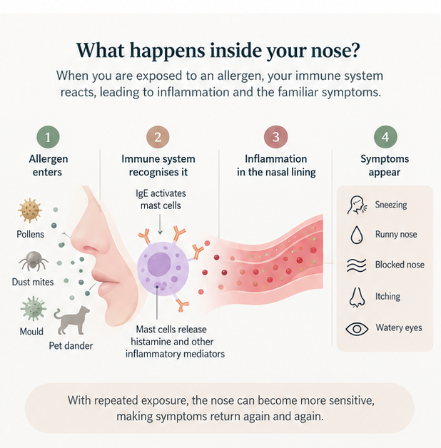 Diagram explaining how allergen exposure activates immune cells and inflames the nasal lining